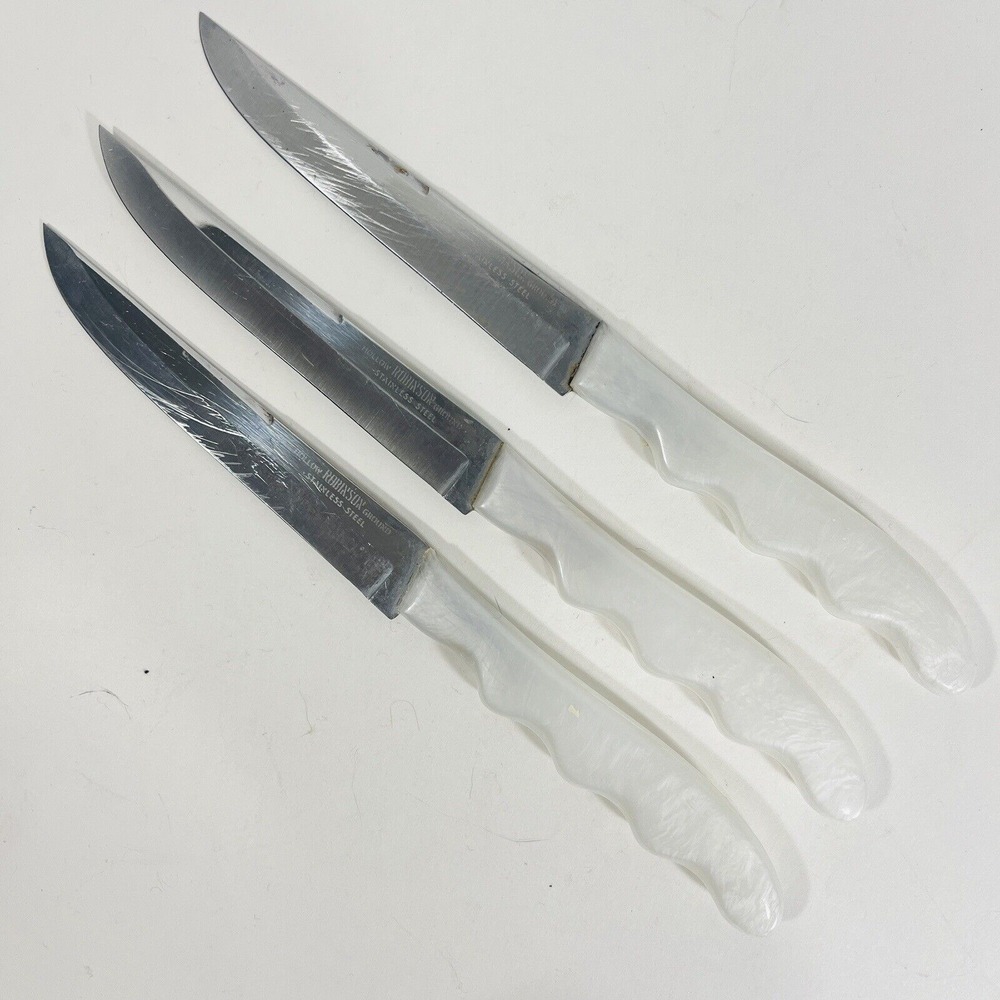 3 Robinson Hollow‎ Ground Knife Set White Pearl Handle Stainless Steel Vtg MCM